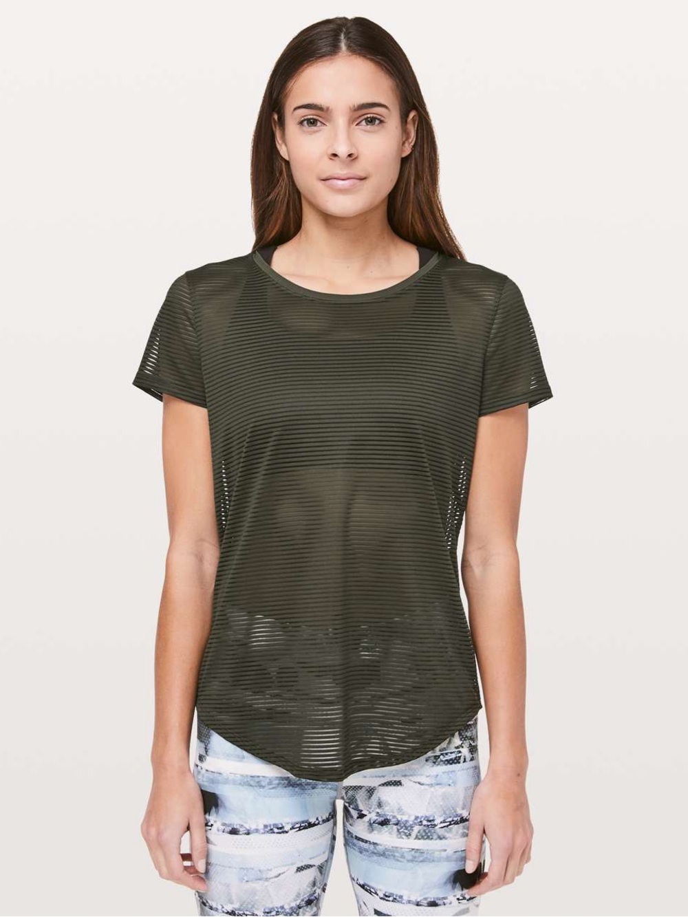 Lululemon All Love Crew Striped Mesh in Dark Olive Size 6 Short sleeve Tee